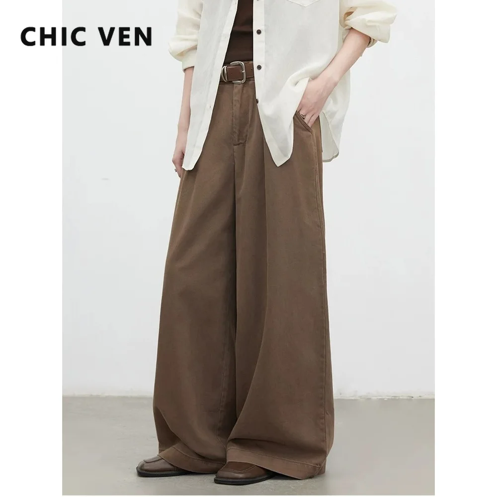 CHIC VEN Fashion Women Pants New High-waisted Pleated Straight Wide-leg Pants Ladies Slim-fitting Cargo Pants Spring Autumn