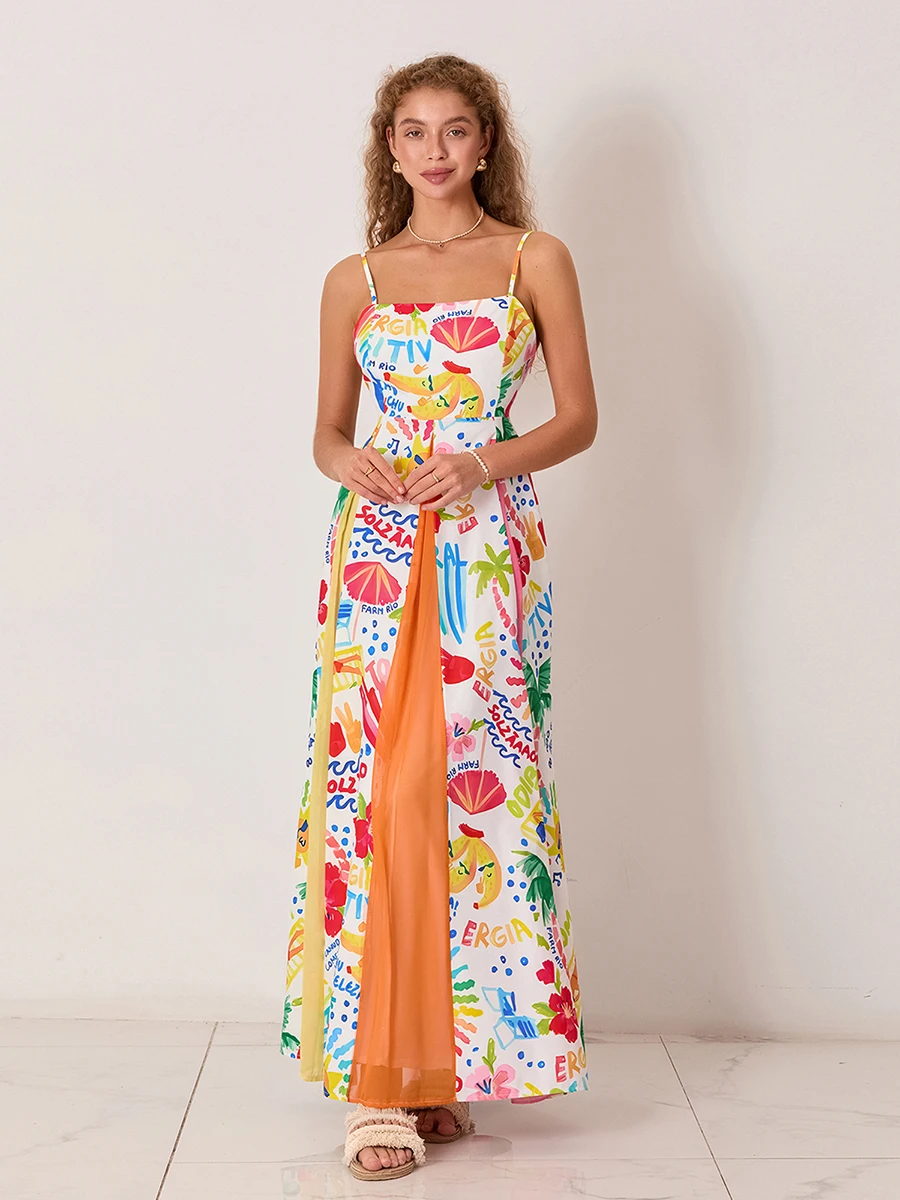 Women Cami Dress Beach Elements Print Sleeveless Spaghetti Strap Backless Dress Long Dress Summer Casual Dress