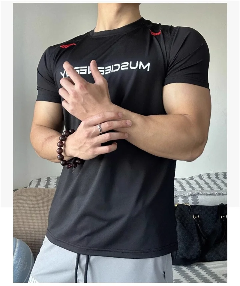 

2025 Summer Running T Shirt Gym Men Shirt short Sleeve tops elastic Tight fit Sports Fitness Quick dry printing training T Shirt