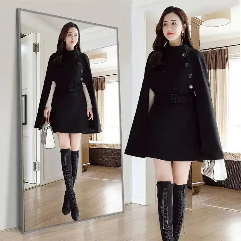 QNPQYX New Autumn Women Woolen Cloth Shawl Cape Poncho with Belt Female Mid-length Korean Sleeveless Casual Ladies Cape Coats