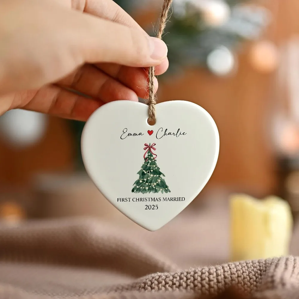 2026 New First Christmas Married Heart Ceramic Ornament Custom Couple Names Xmas Tree Decoration Newlywed Wedding Keepsake.