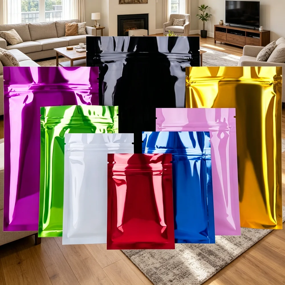 100PCS Glossy Colorful Aluminum Foil Zipper Bag Wholesale Food Packaging Custom Print Resealable Pouch Bulk Wholesale