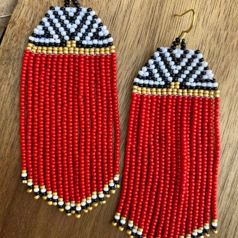 Beaded earrings Tassel Bohemia Geometry Hand textile Red Creativity Trend Pattern Versatile Alloy Female Rice bead earrings