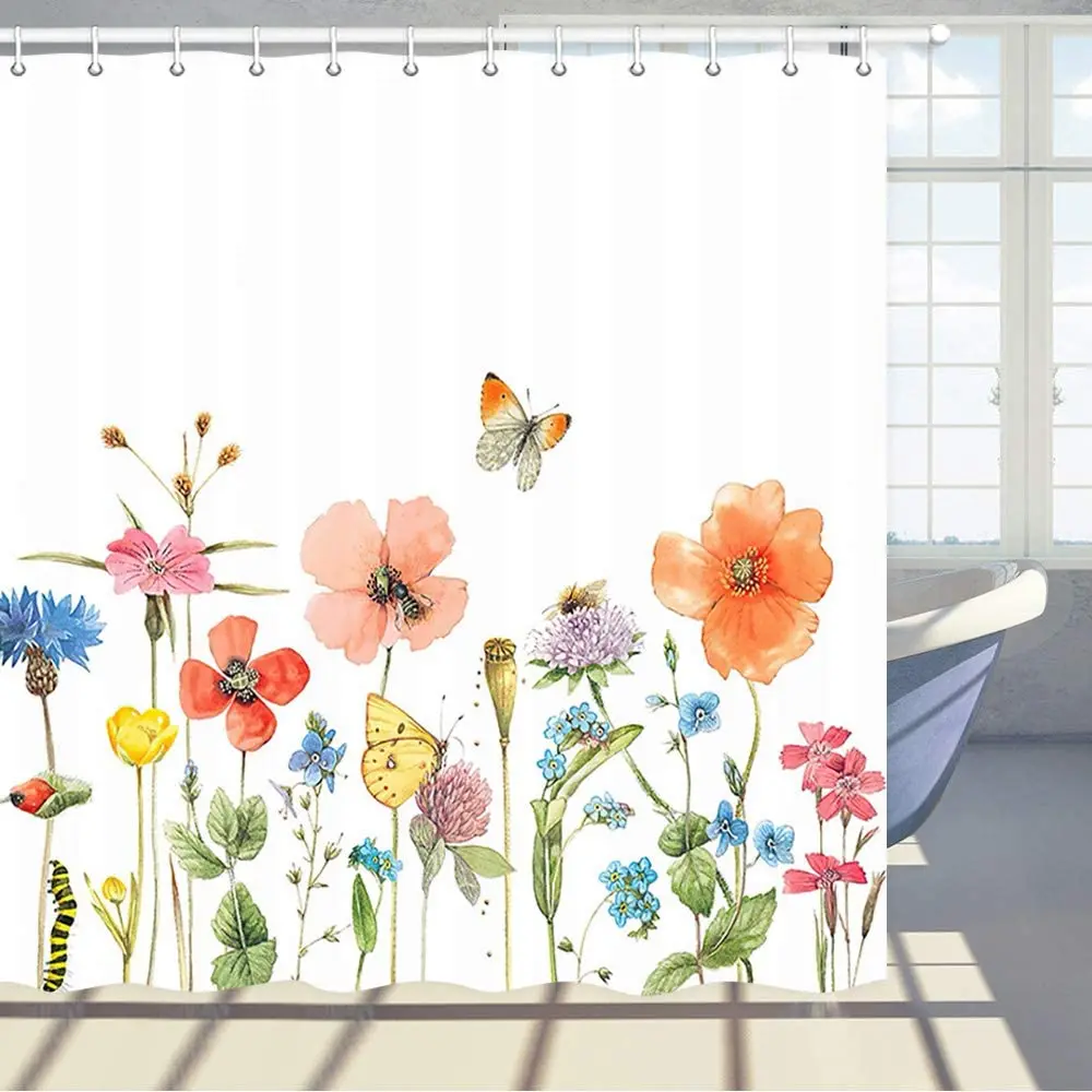 Floral Shower Curtain Wildflowers and Butterflies on White Background Polyester Fabric Bathroom Bath Curtains with Hooks