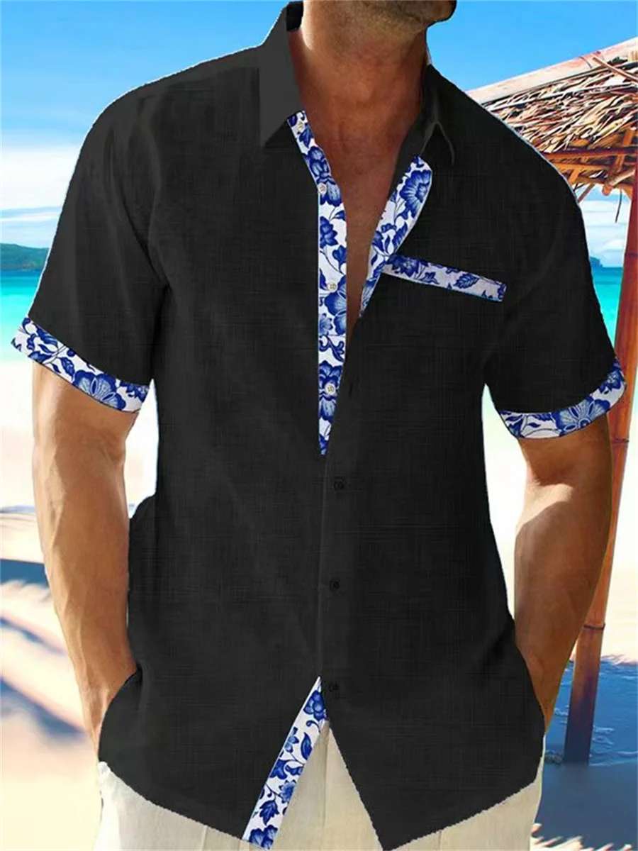 Black linen shirt fashion men\'s Hawaiian shirt casual solid color beach short sleeve plus size coat 7 color summer S-5XL 2023