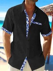 Camisa hawaiana de lino negro para hombre, abrigo informal de manga corta para playa, color sólido, talla grande, 7 colores, S-5XL de verano, 2023