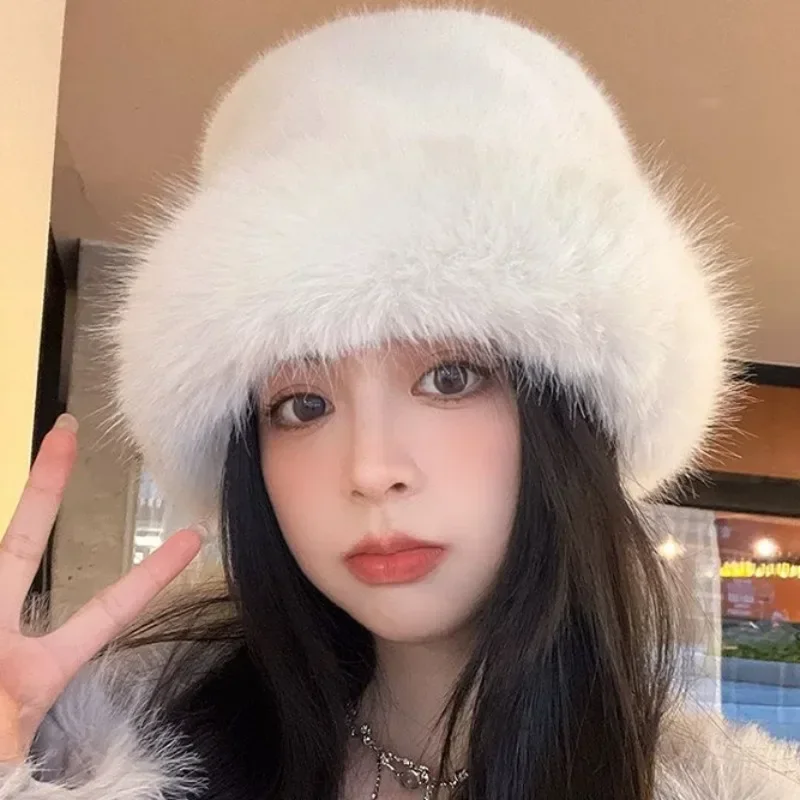 Winter Warm Plush Hats Women Girls Solid Color Simple Fluffy Bucket Hats Casual Comfortable Elegant Fur Caps Fashion Accessories