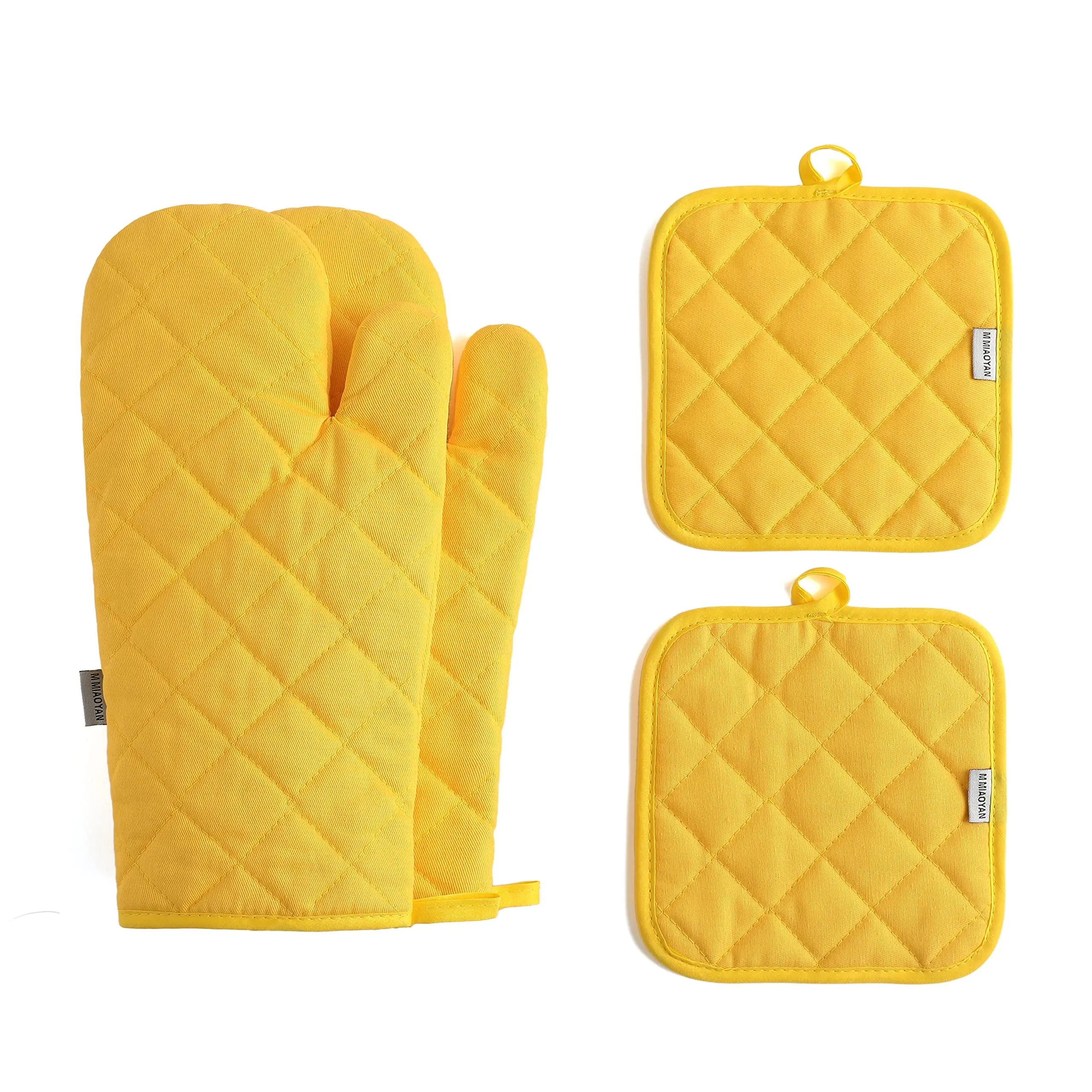 

500 Degree High Temperature Resistant Thickened Lengthened Kitchen Cotton Cooking Gloves Pot Pad 4-Piece Set 12 Inches Yellow