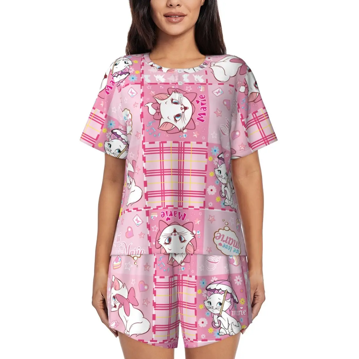 

Custom Aristocats Animation Marie Cat Pajama Sets Women 2 Piece Short Sleeve Pjs Shorts Sleepwear