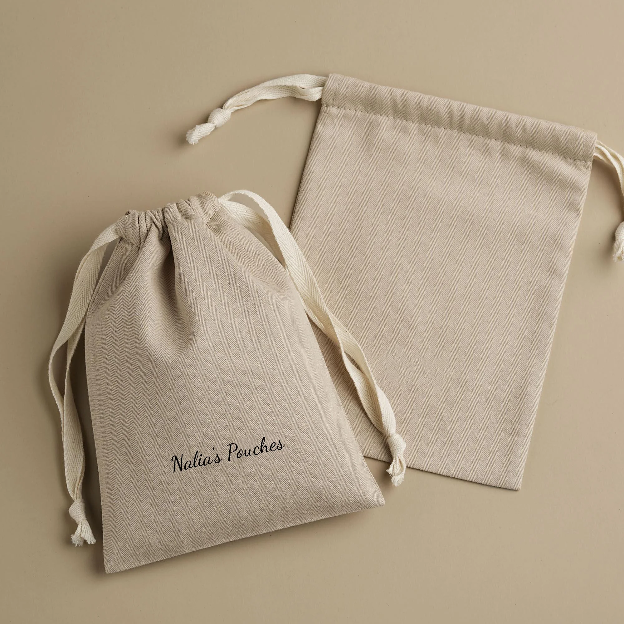 Custom Logo Dust Bag Herringbone Beige Cotton Drawstring Pouch Wedding Birthday Cosmetic Bridesmaid Candy Soap Packaging Bags view 5