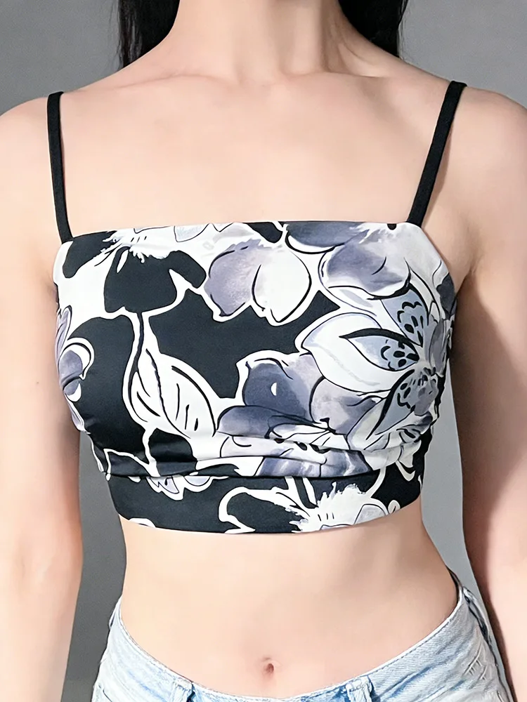 One-character neckline beautiful back short vest Ink Painting Pool sports bra yoga tank top with high-end feel slimming with pad