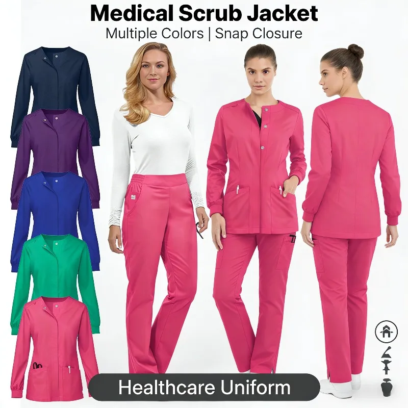 

Long-Sleeve Scrub Top Beauty Salon Cardigan Snap-Front Jacket Staff Workwear Set