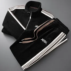 Men's clothing Winter New Fashion Slim Embroidery coats  Female and Men's set Casual Warm Velvet Sports Casual Tracksuit men