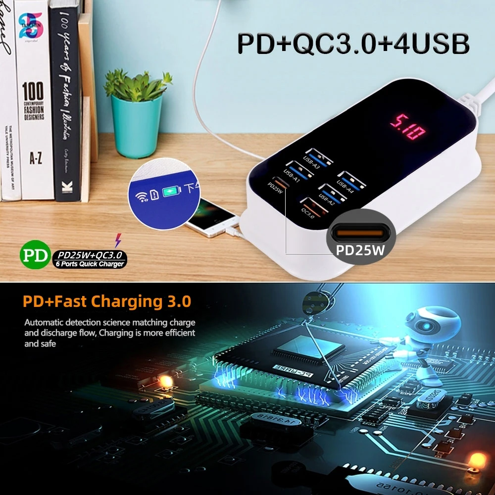 Real 50W 6-Ports USB Quick Charger PD QC 3.0 Fast Charging Display Type-C EU UK US 1.5M Desktop Power Adapter For Iphone Samsung