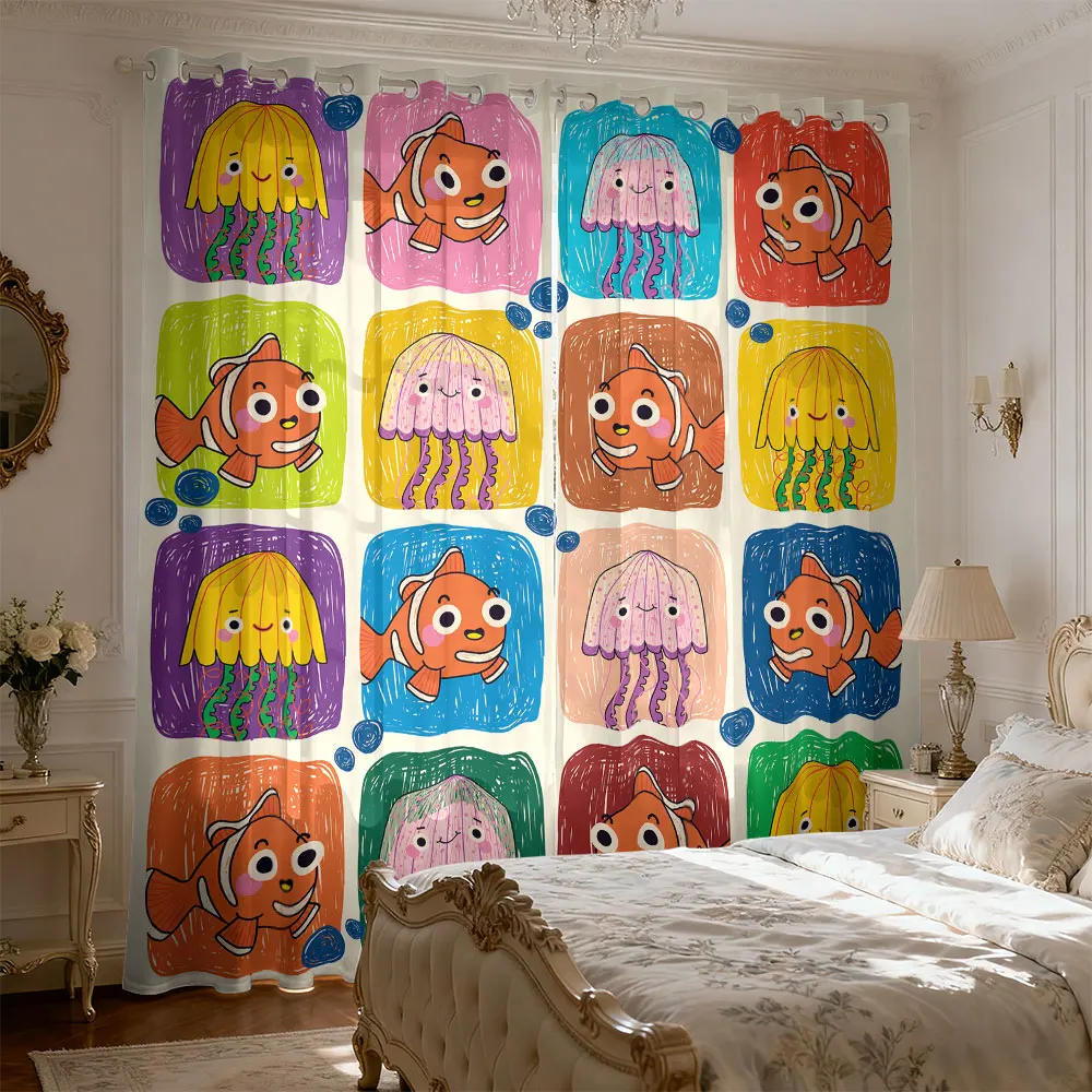 90g 2-Panel Curtains, Pixel Square Cartoon Animal Design, Cute Kawaii Animal Window Curtains for Bedroom Living Room