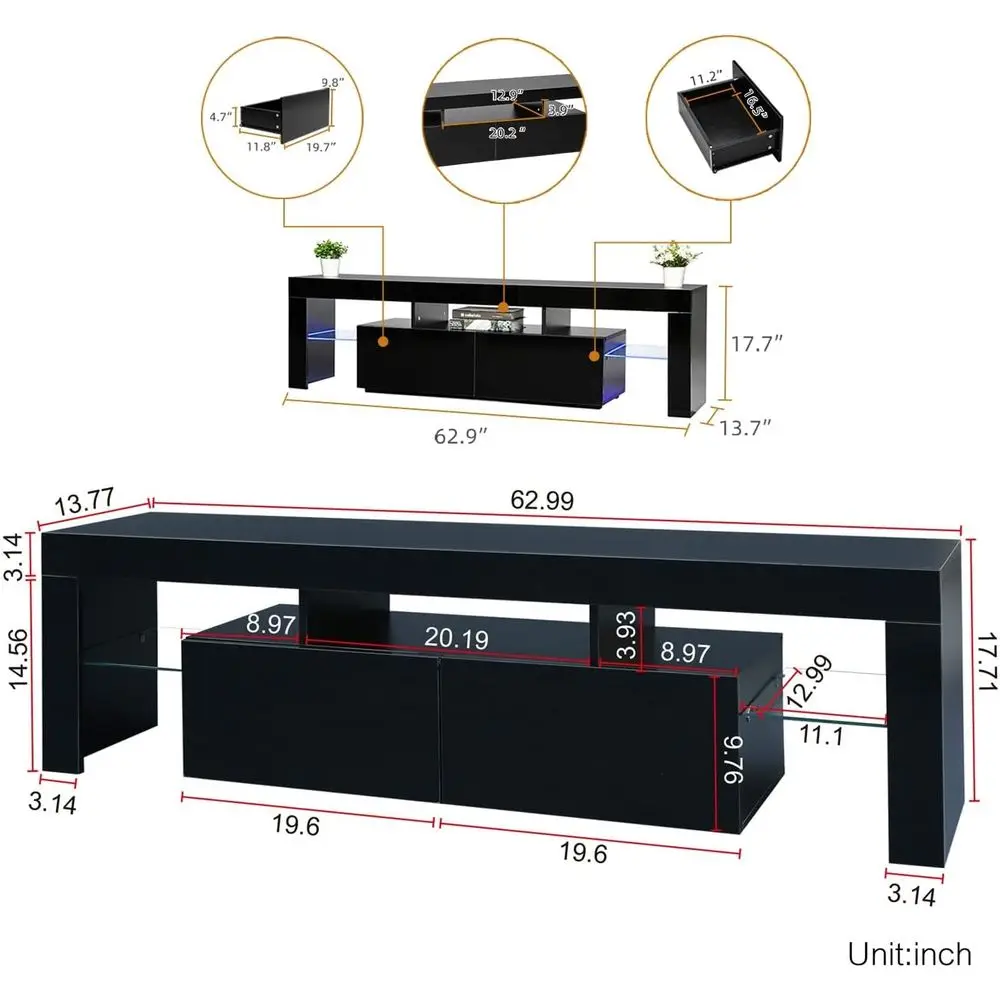 60-75 Inch High Gloss Wooden TV Stand with Glass Shelves for Entertainment and Gaming view 5