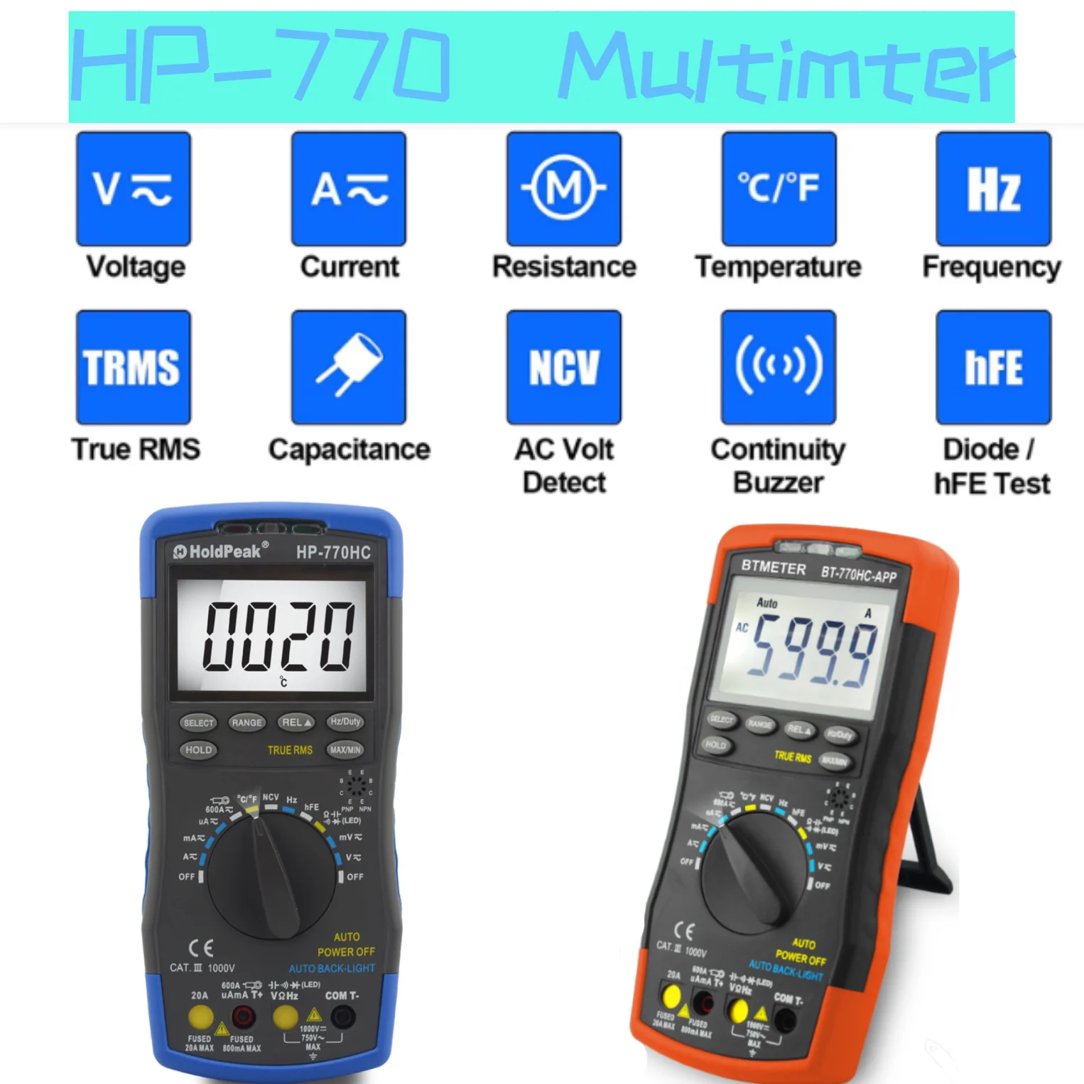 HP-770HC APP Smart Multimeter 6000 Counts TRMS, NCV 1000V LED Backlight 600A AC/DC Current Tester w/ Magnet for Field & Site