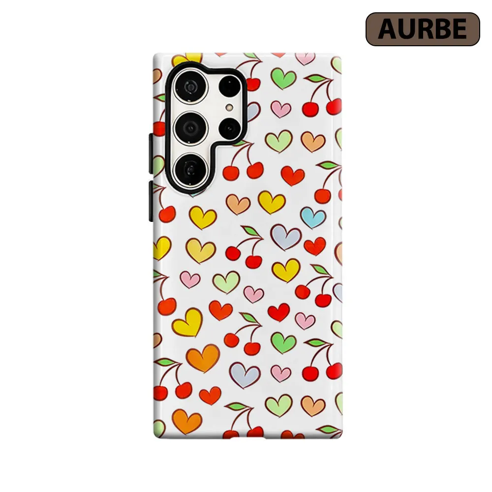 Cherry Heart Doodle Phone Case For Samsung Galaxy S26 S25 S24 S23 Ultra Plus HD Hard Double Layer Film Cover