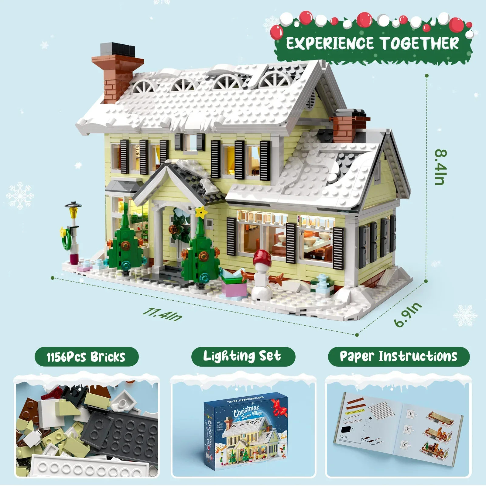 MOC Christmas Snow Village House Building Blocks Winter Resort Street View Idea Set with Light Model Toys Kids Xmas Holiday Gift