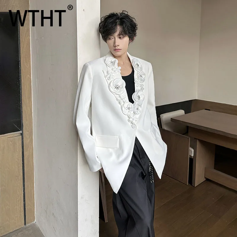 WTHT Fashion Men's Heavy Industy 3D Flower Diamond Design Blazer Coats Trendy Single Buckle Loose Jacket Male 2025 Autumn 2A2057