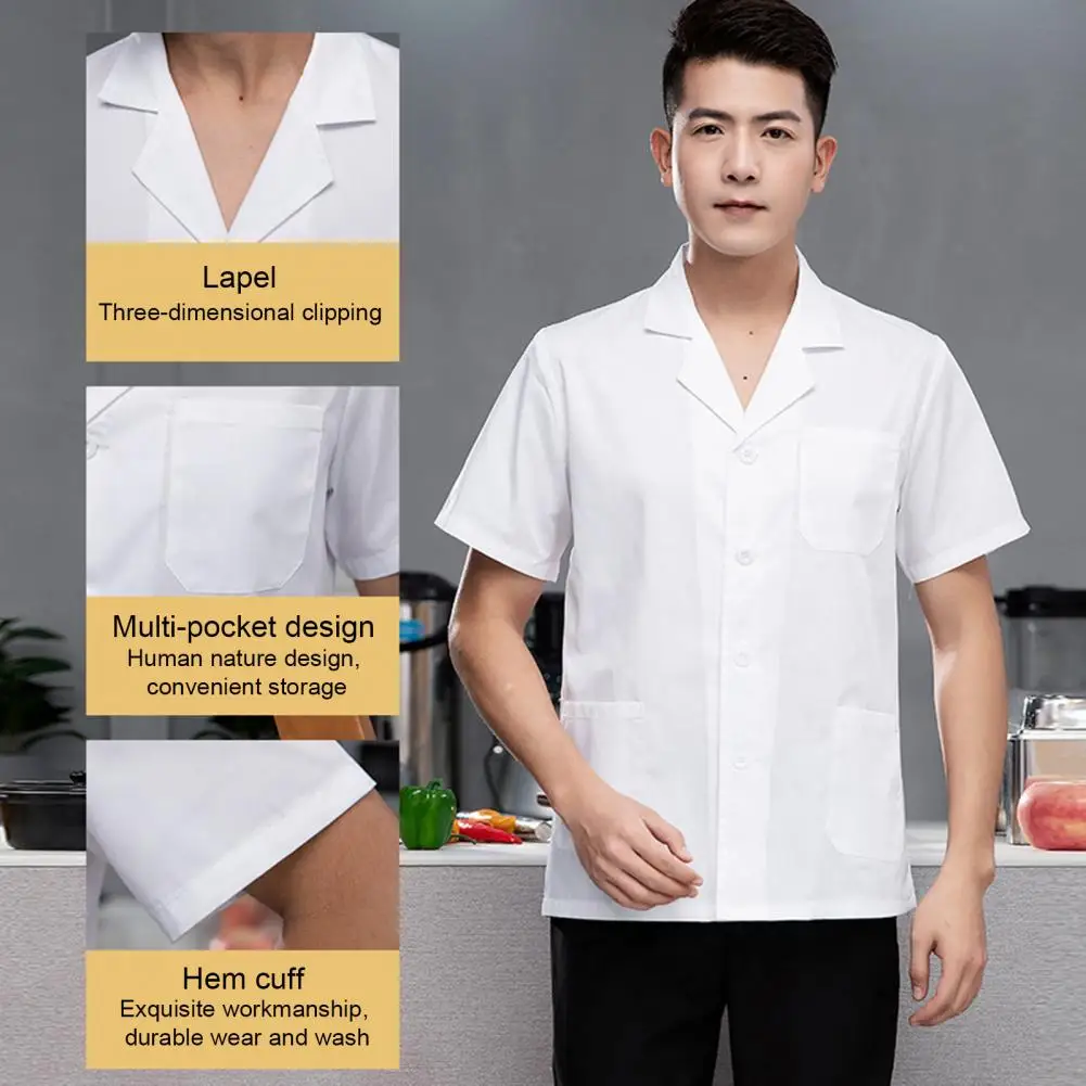 Unisex Chef Restaurant Jacket Lapel Short Sleeve Patch Pocket Chef Coat Men Women Single Breasted Kitchen Wear Waiter Bakery Uni