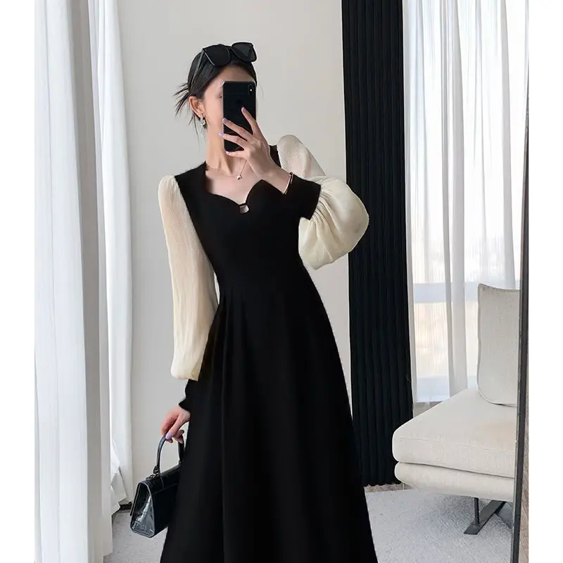 2025년 가을 신상 여성용 스퀘어 넥 스플라이싱 드레스, 허리 라인을 강조하는 슬림핏 블랙 미니스커트