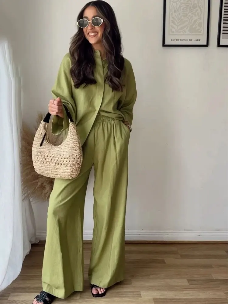 HH Vrouwen Casual Effen Blouse Broek Sets Losse Lange Mouw Revers Shirts Elastische Taille Wijde Pijpen Broek Kantoor Dame Pak - afbeelding 2