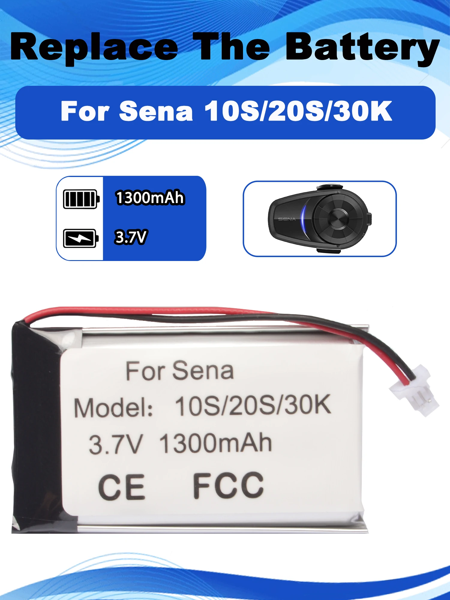 3.7V 1300mAh Replacement Battery For Sena 10S 20S 30K Motorcycle Wireless Headset