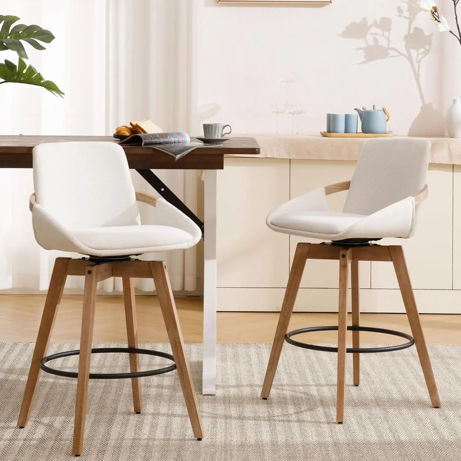 

26,5-дюймовые поворотные барные стулья, набор из 2 льняных тканей, деревянный каркас, высота стойки, кухонный остров, столовая, белый, по индивидуальному заказу