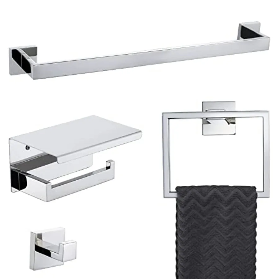 

Bathroom hardware set: stainless steel, polished chrome, wall-mounted square towel bar holder kit for modern bathrooms, 23.6 in