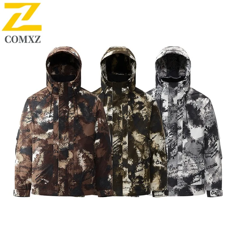 COMXZ Men Camo Puffer Leisure Hooded Jacket Outdoor Camping Thickened Warm Padding Coat Travel Windproof Winter Windbreaker
