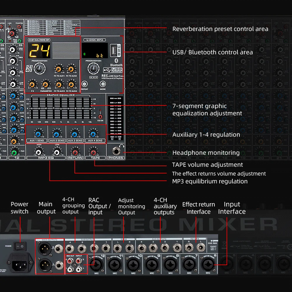 24 Channel Mixer Professional Audio Console +48V playback 24 DSP Effects Bluetooth USB Computer Play For conference stage mixer