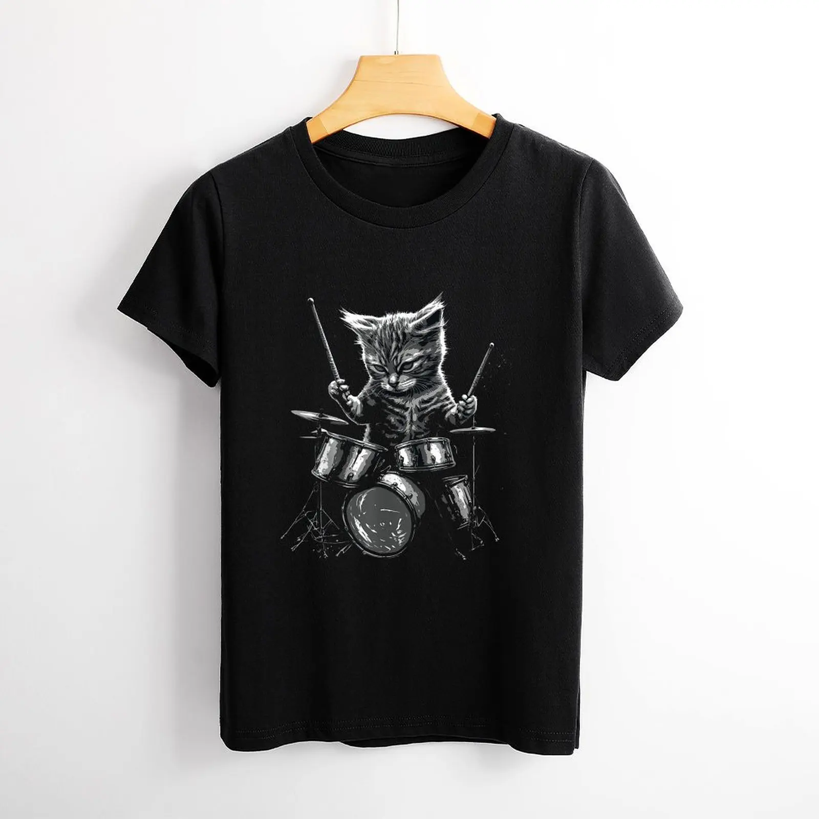 Punk Rockstar Kitten Kitty Cat Drummer Playing Drums T Shirt Graphic Shirt Casual Shorts Sleeved Female Tee T-Shirt Size S-4XL