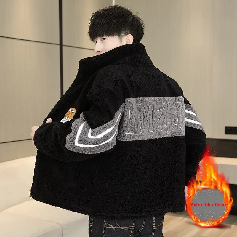 

Мужская зимняя куртка из утепленного хлопка с вышивкой из овечьей шерсти, воротник-стойка, молодежный стиль, повседневный свободный крой, полиэстер...