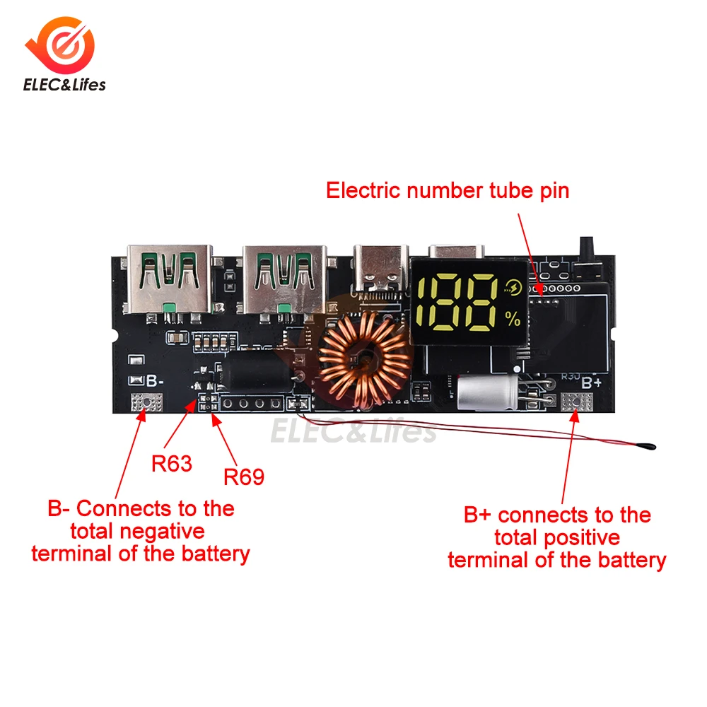 QC4.0 QC3.0 LED المزدوج USB PD شحن سريع 5A 100 واط بنك الطاقة المحمول 18650 شحن وحدة حماية درجة الحرارة مايكرو/Type-C USB