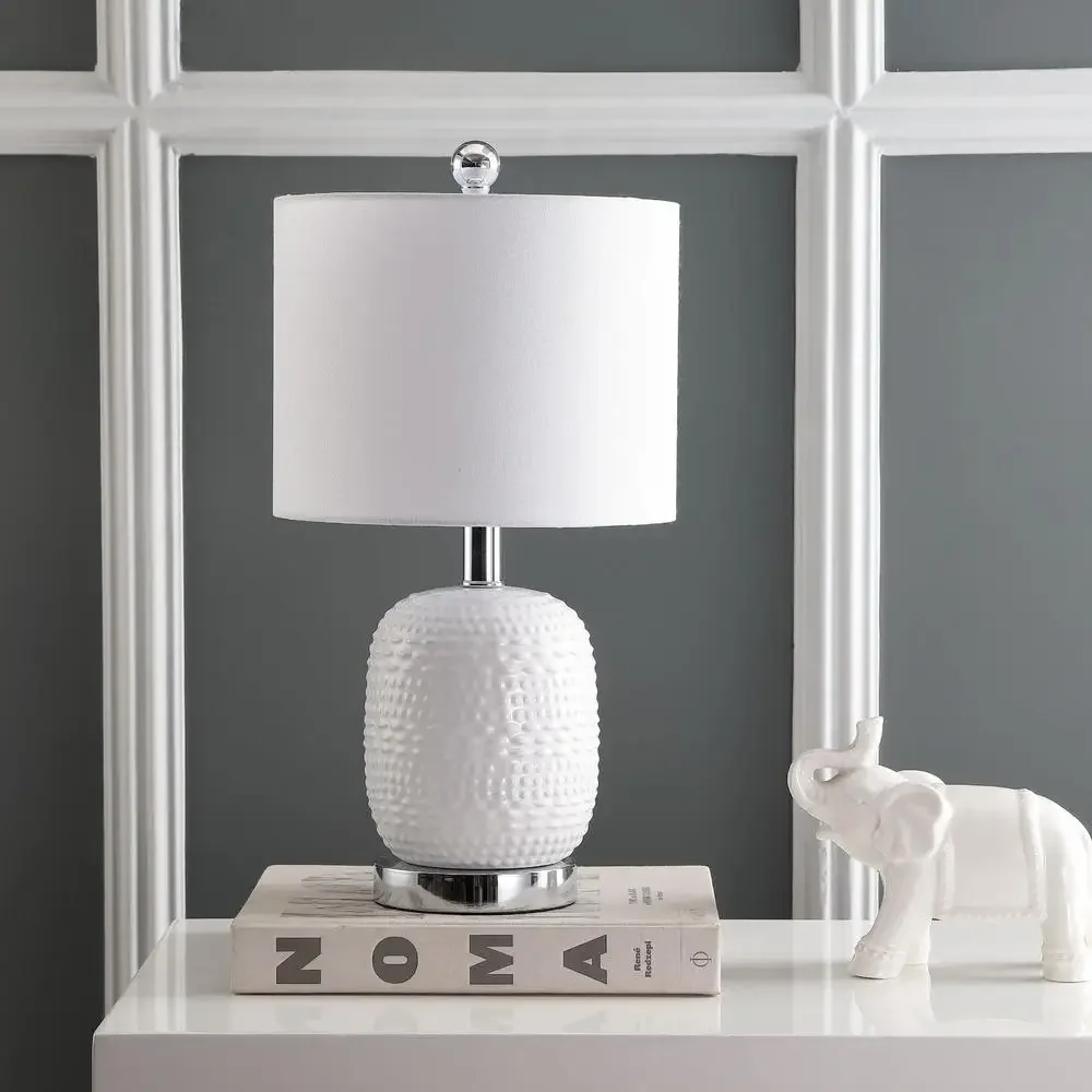 Contemporary Ceramic Table Lamp White 19in. H Silver Base Cotton Shade LED Bulb Rotary Switch UL Certified Easy Assembly