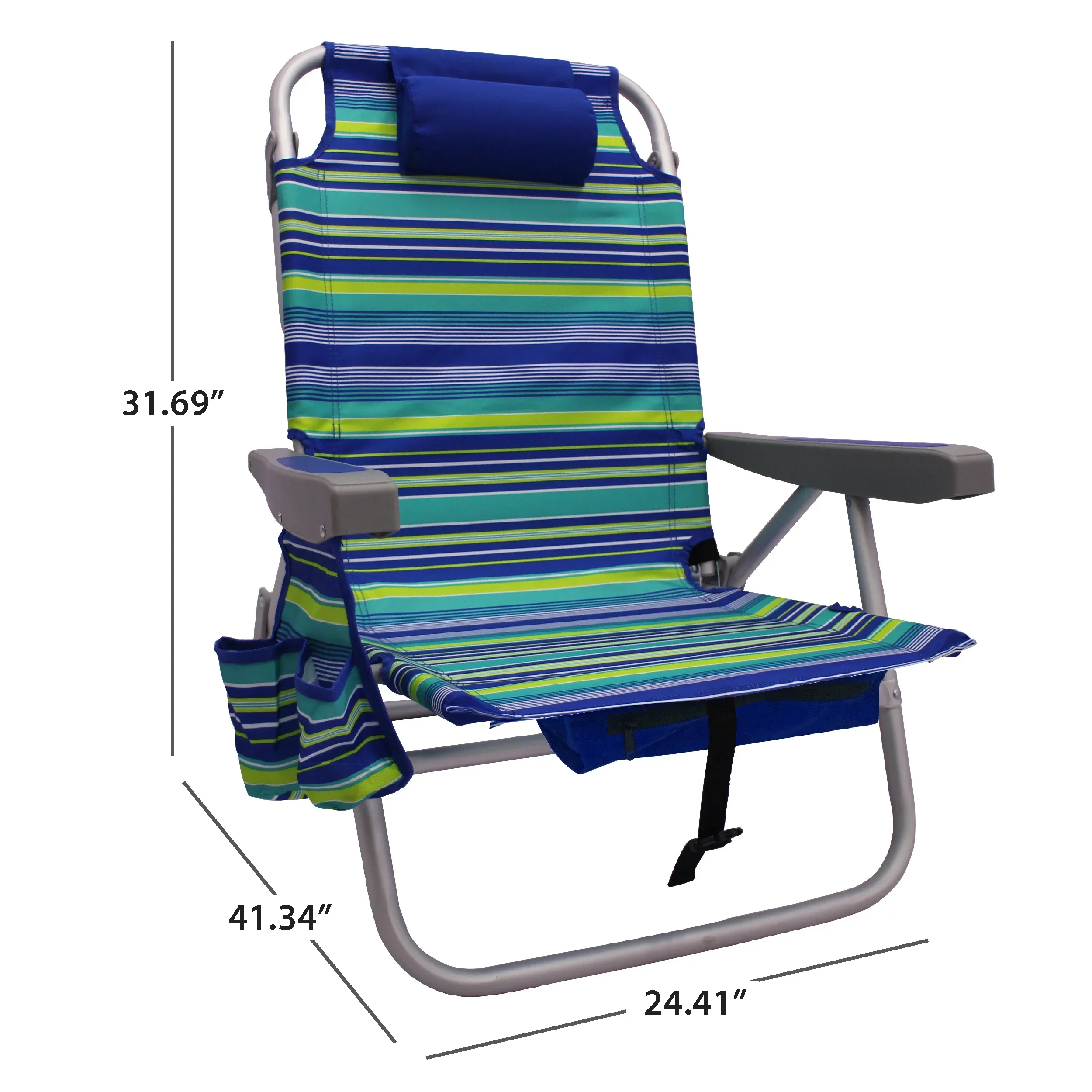 Mainstays Silla reclinable con mochila plana para playa y eventos Raya azul y verde
