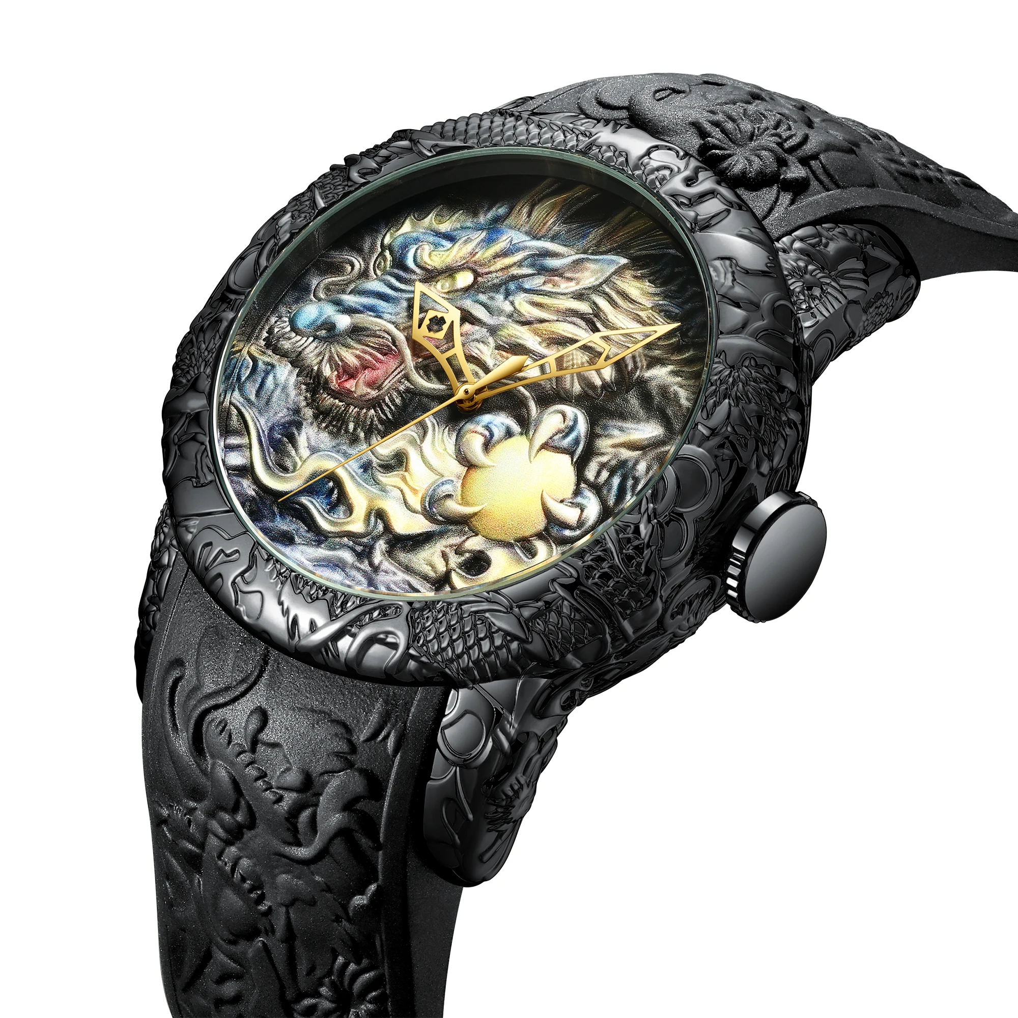 BIDEN Men\'s Watch Large Dial Creative 3D Carving Dragon Design Waterproof Fashion Sports Quartz Watch