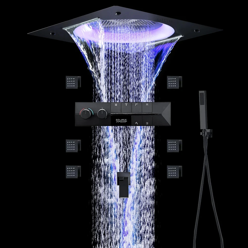 

Высококачественная черная душевая система, смеситель-водопад для ванной комнаты, светодиодное освещение, музыкальная насадка для душа, термостатический смеситель с большим потоком