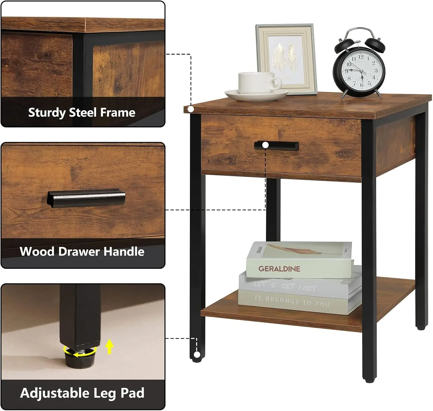 Elegant Rustic Brown Set of 2 Wood Drawer Storage Shelf Nightstands for Bedroom Small Space Functionality