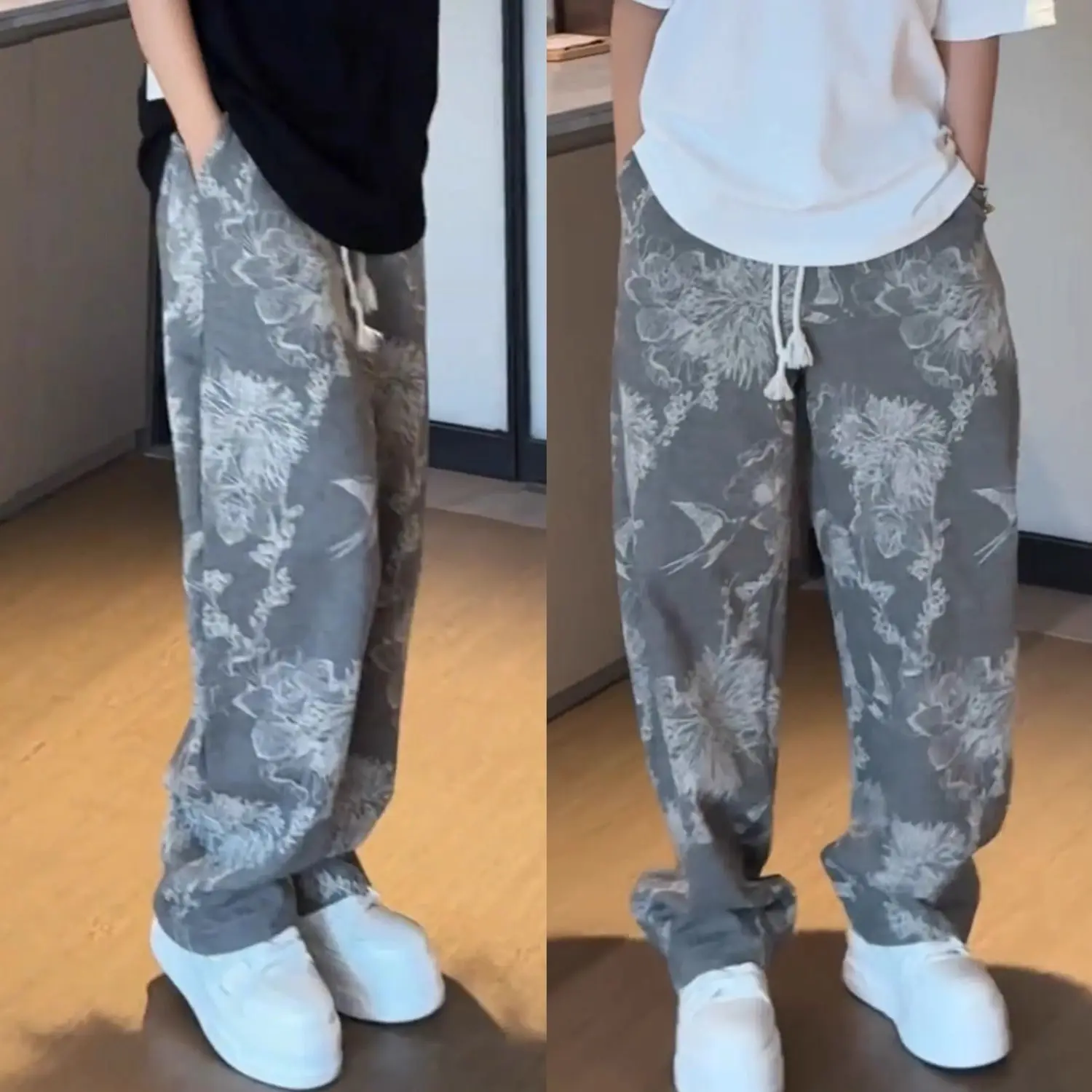 Весенне-осенние ретро новые цветочные персонализированные свободные прямые мужские модные брендовые повседневные брюки с широкими штанинами High Street