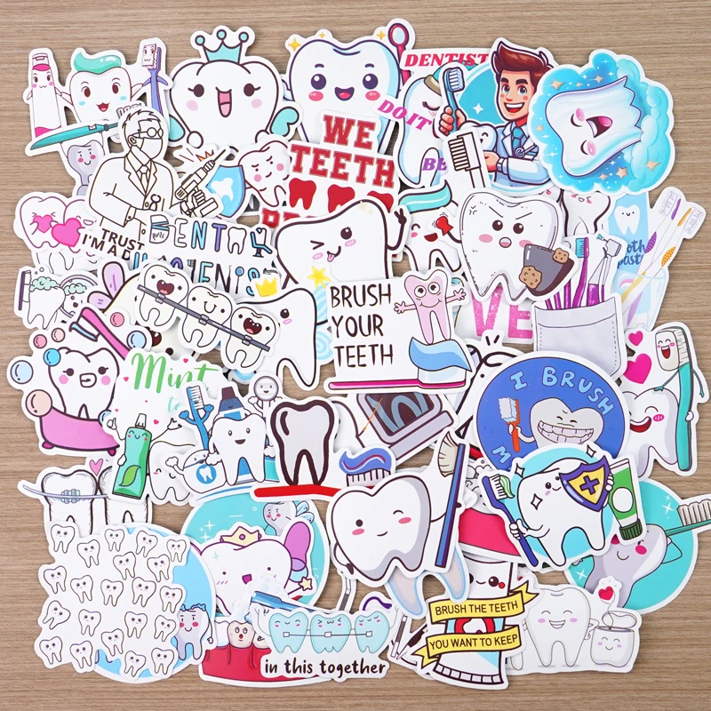 100pcs Tooth Shaped Stickers Cartoon Teeth Sticker Decals Clinic Decoration Gift