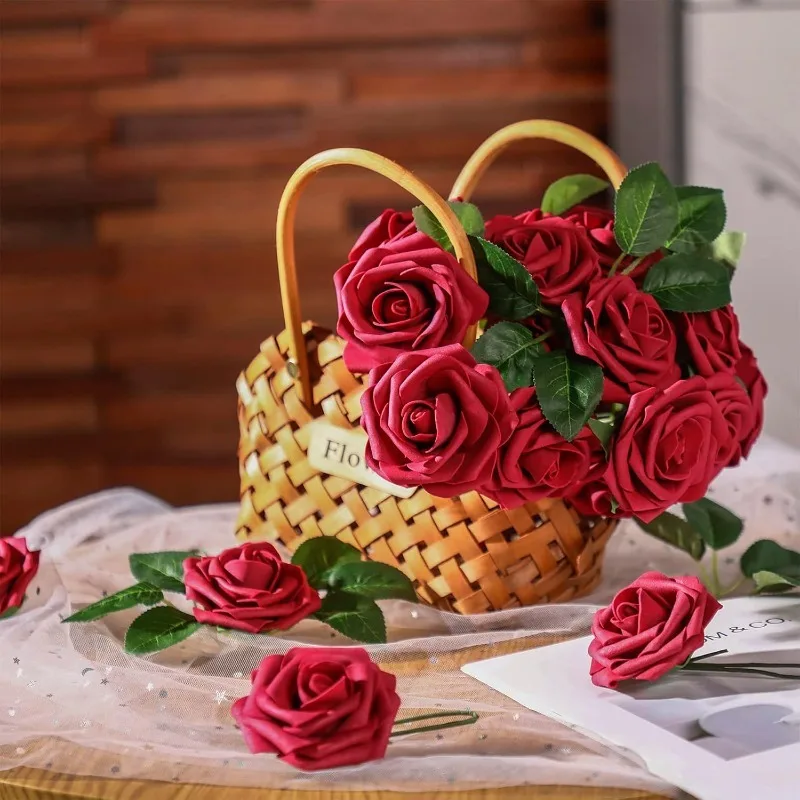 25Pcs Plastic Artificial Flower With Stems Leaf Rose Head DIY Crafts Gift Home Room Decor Wedding Decoration Navidad Accessories - view 4