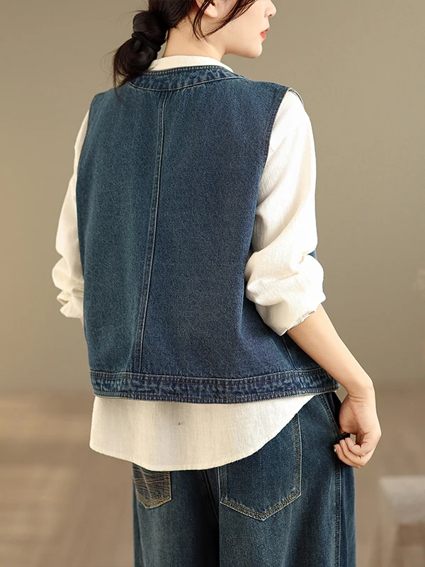 Primavera 2026 étnico sle bordado esticado denim colete tamanho grande feminino botão de sincera redondo ne aberto cardigan