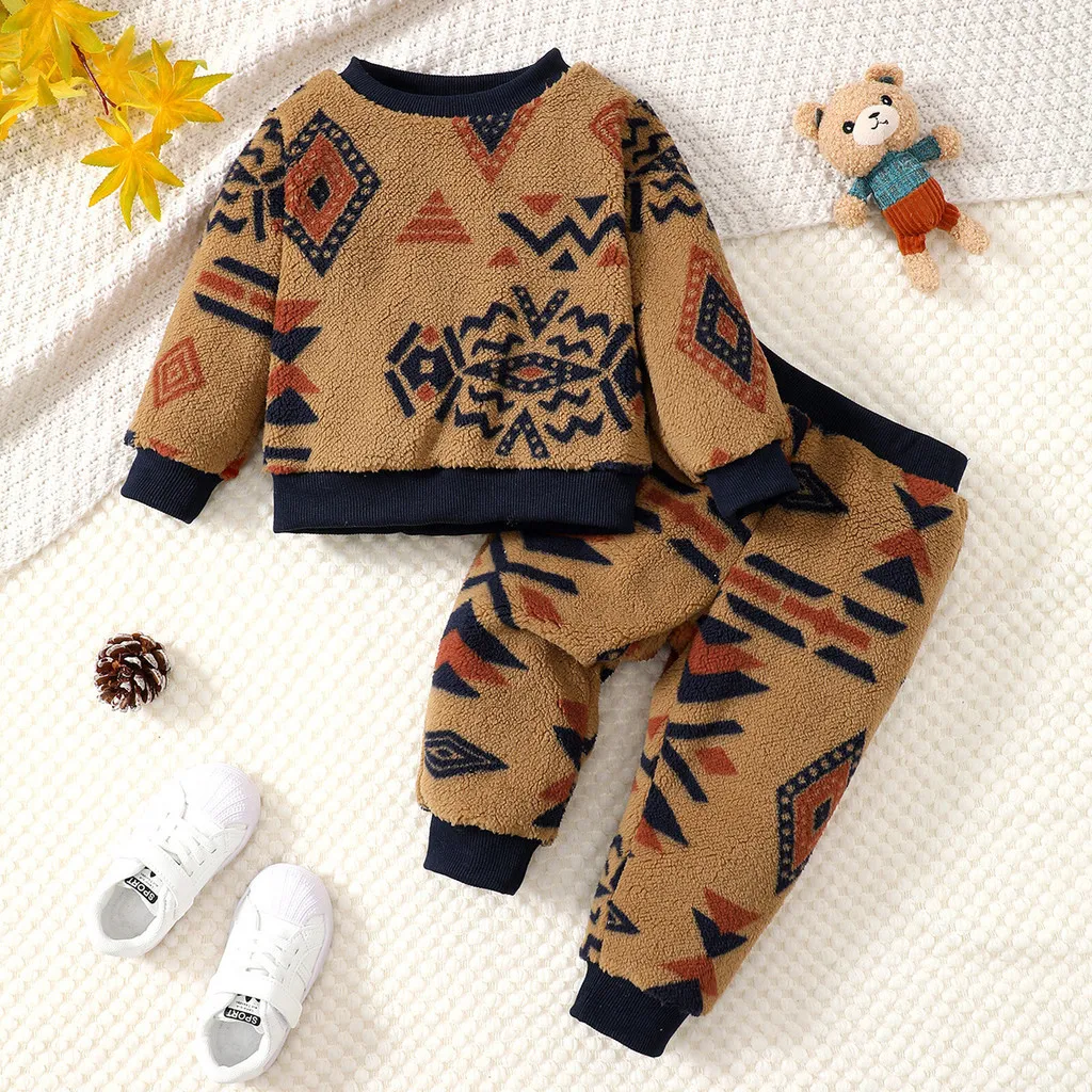 

Зимний коричневый флисовый комплект одежды с длинными рукавами для маленьких мальчиков, топ с длинными рукавами + штаны, зимняя одежда из 2 предметов для мальчиков 0-3 лет