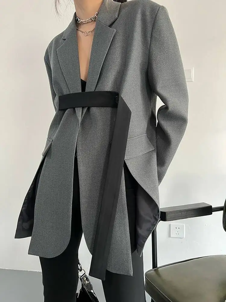 Ribbon Women button Gray Slit Elegant Big Size Blazer New Lapel Long Sleeve Jacket Fashion Spring Autumn 2026 5WBYY6