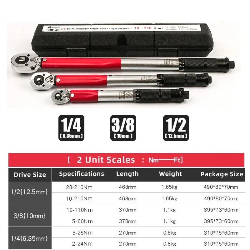 

10-210N.m Torque Wrench 1/2" Precise Reversible Ratchet Torques Key Professional Bicycle Motorcycle Car Automotive Tool