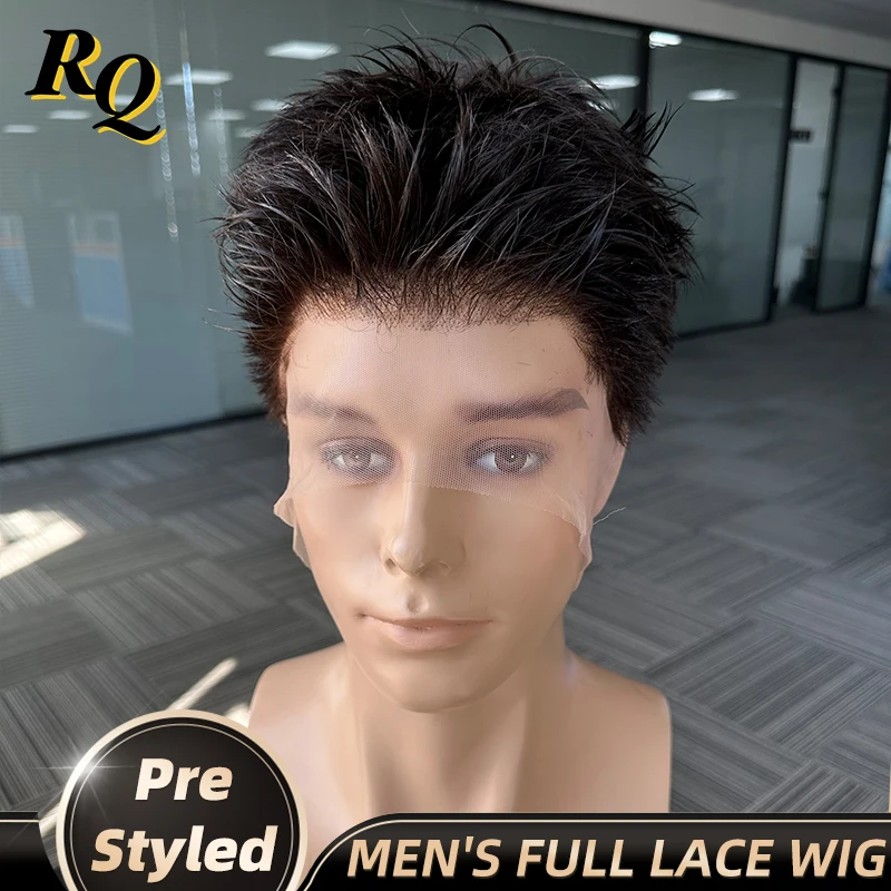 Men's Wig Real Human Hair Pre Style Transparent Lace Male Wigs Men's Capillary Prosthesis Hair System Replacement Pre Cut