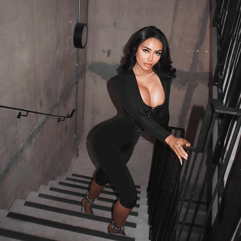 Schwarzer sexy, figurbetonter Jumpsuit mit tiefem V-Ausschnitt und Schnürung vorne, Damen-Jumpsuit mit langen Ärmeln, hochelastisch, figurbetont, Capri-Jumpsuit, Nachtclub-Party-Outfit – Detail 3