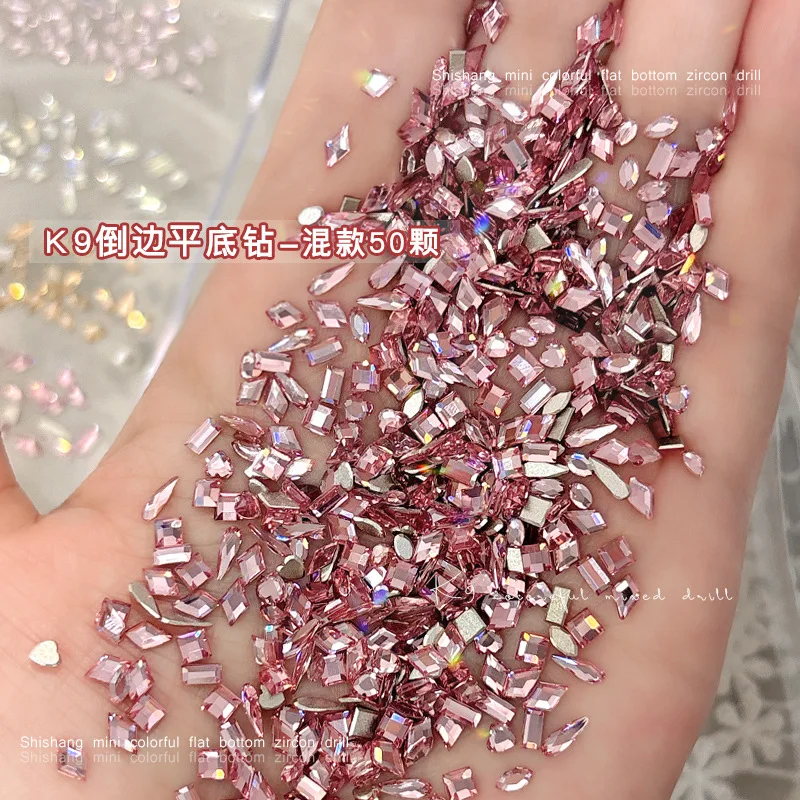 50PCS Sparkle Mini K9 Diamonds Chamfered Flatback Pink Blue Moonlight Nail Art Rhinestones Decorations Manicure Mix Shape Charms